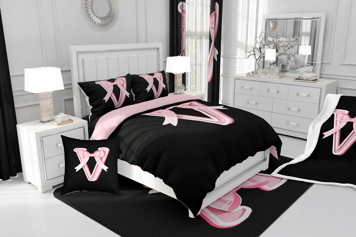 jejeloiu Kawaii Pink Bow Twin Comforter Set with Sheets,Gifts for Women Teen Girl,Monogrammed 7 Piece Bedding Set,Soft Personalized Initial Letter V Bed in a Bag with Comforter,Sheets,Pillowcases