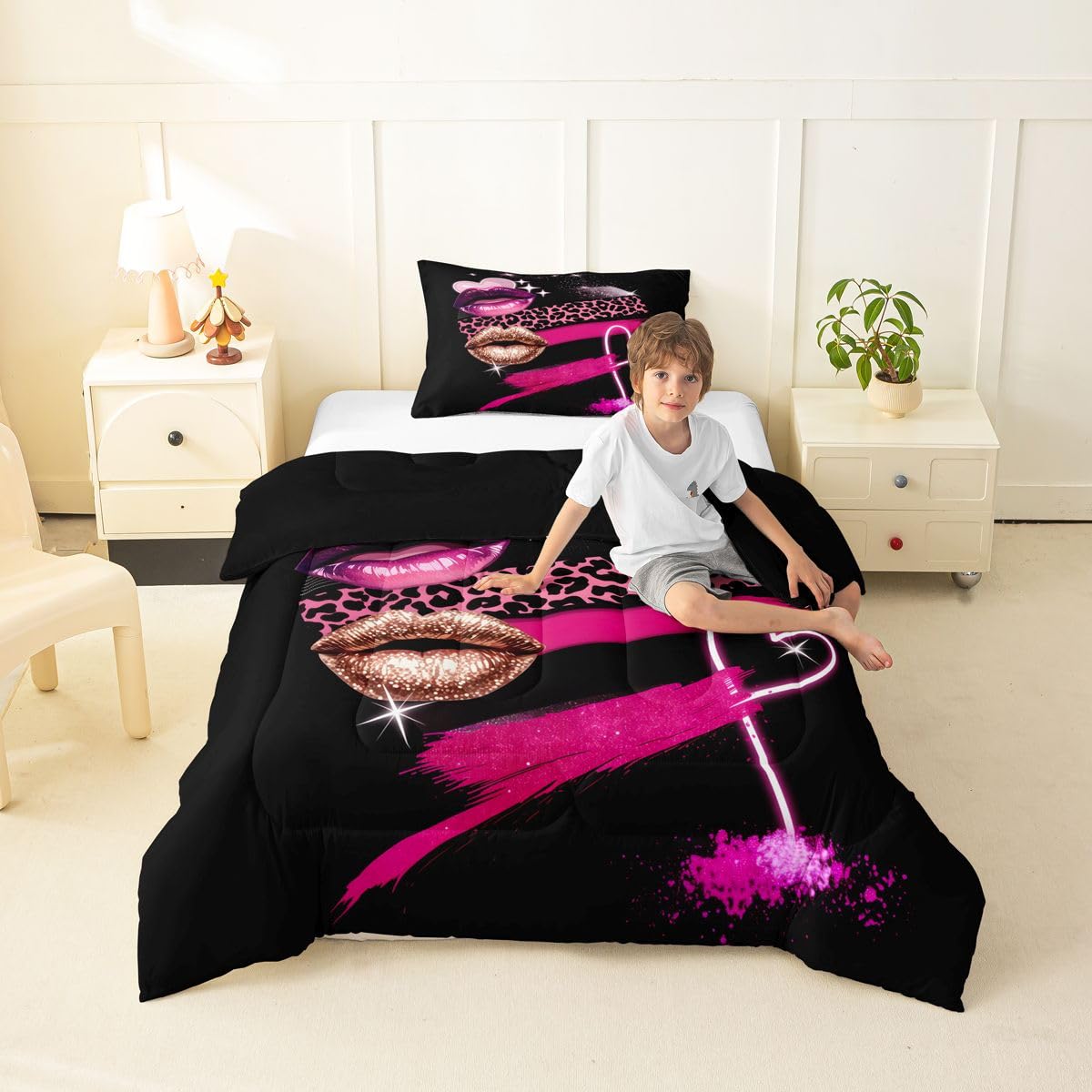 Erosebridal Black Pink Lip Comforter Set Pink Leopard Twin Bedding Sets for Girls Teen Boys Lips Print Comforter Romantic Girly Quilt