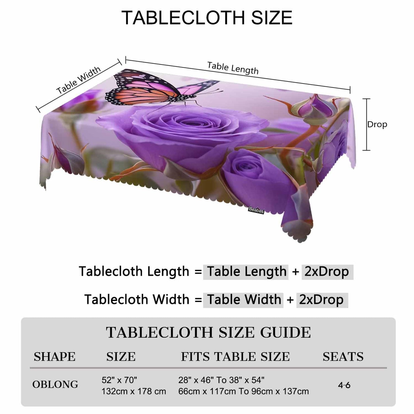 Beabes Tablecloth Butterfly 52 X 70 Inch, Roses Butterfly Purple Oblong Table Cloths Anti-Shrink Decorative Table Cover for Kitchen Dinning Tabletop Outdoor Picnic BBQ