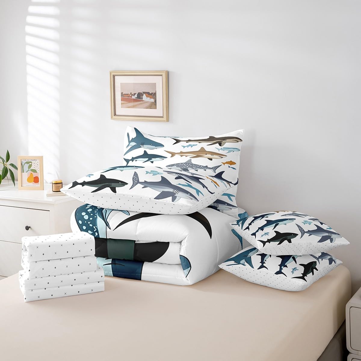 jejeloiu Cute Shark Comforter Set 7 Pieces Full Size Kids Ocean Sea Animal Bed in a Bag for Boys Girls Sea Underwater World Bedding Set Summer,Comforter + Sheets + Pillowcases + Cushion Covers