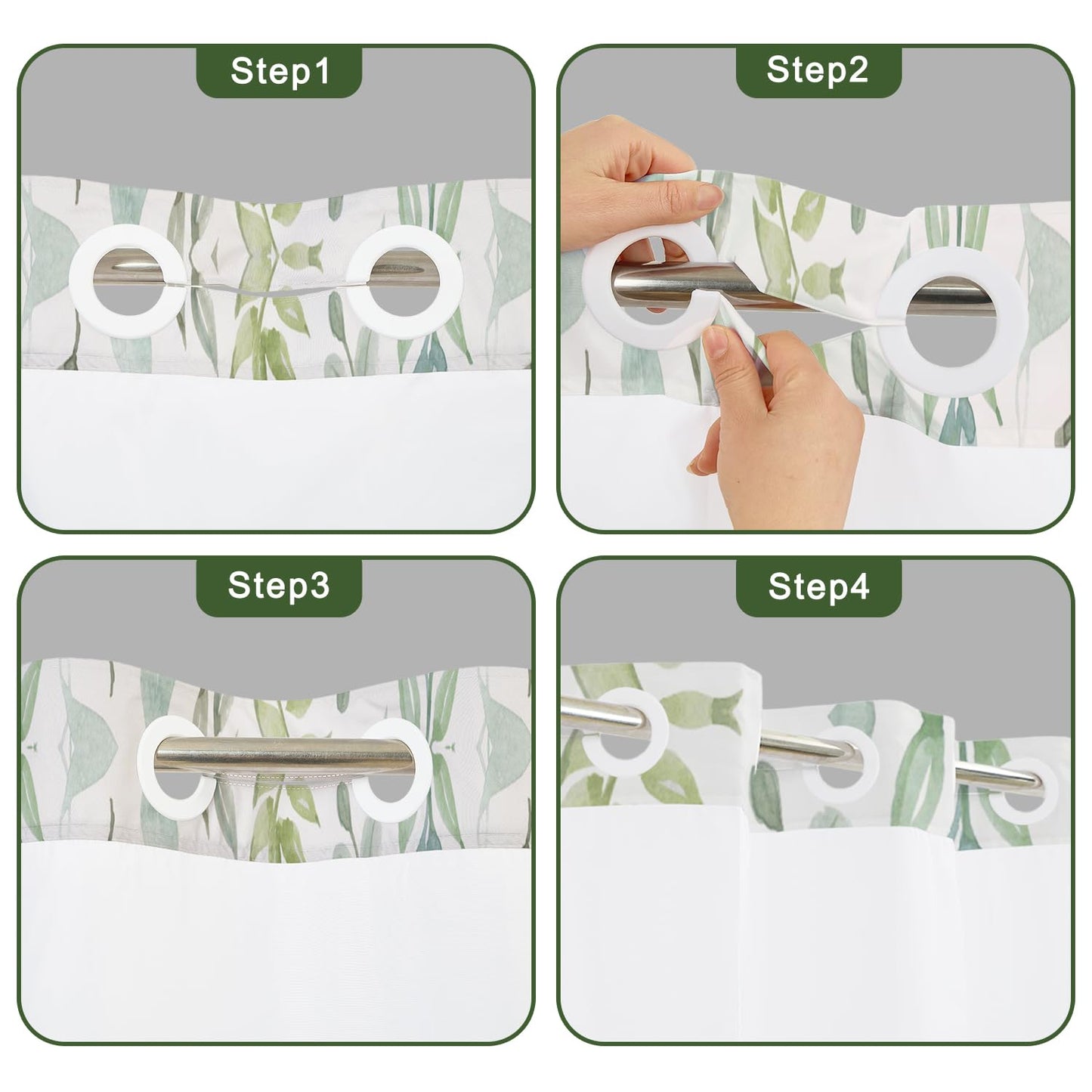 No Hook Shower Curtain with Snap in Fabric Liner Set, Waterproof & Washable, Boho Green Botanical Leaf Floral Shower Curtains for Bathroom, Rustic Modern Hotel Style Plant Bathroom Curtain, 71x74 inch