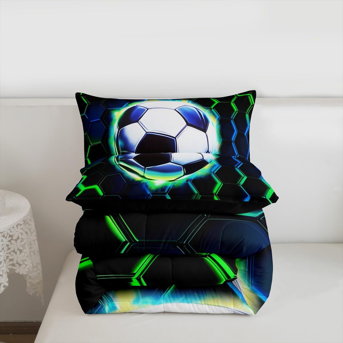 Football Kids Comforter Set Queen Size,Soccer Game Ball Sports Bedding Set,Girls Boys Room Decor,Geometric Honeycomb Hexagon Quilt Comforter,Black Green Duvet Set Bedroom Quilt Set,2 Pillowcases