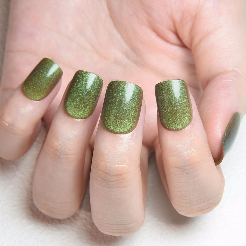 evpct Light Green Cat Eye Extra Short Press on Nails Square No Glue, Petite Short Square Stick on Nails for Women, Light Green Metallic Glitter Glossy Reusable Press on Acrylic Fake Nail with Designs