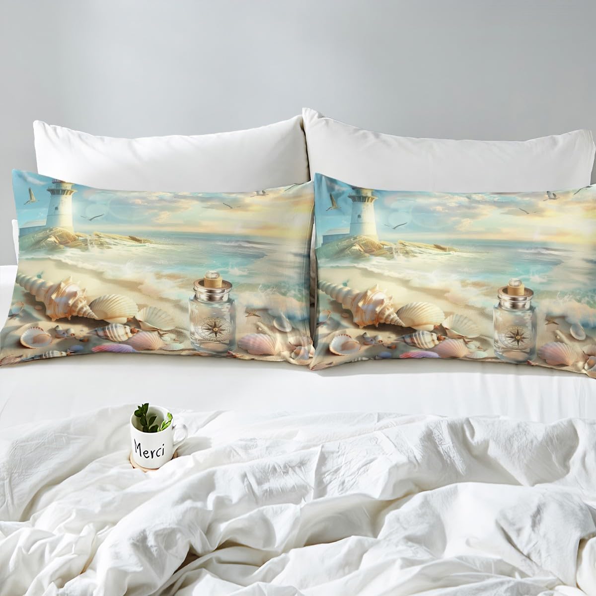 jejeloiu Beach Theme Fitted Sheet Full Size Kids Summer Ocean Wave Lighthouse Bed Sheets Set for Boys Girls Teens Sea Marine Coastal Starfish Seashell Conch Bedding Set Room Decor
