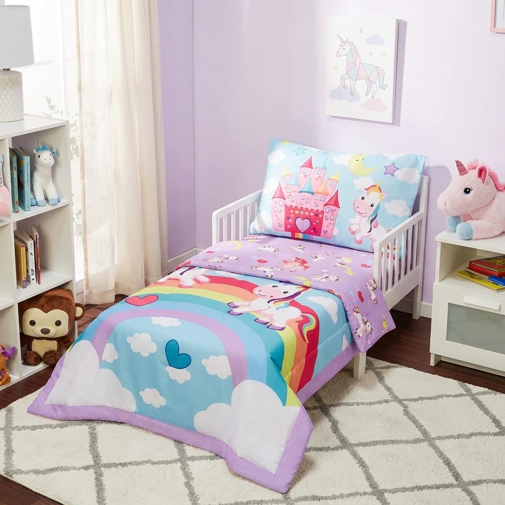 EVERYDAY KIDS 4 Piece Toddler Bedding Set - Unicorn Dreams - Includes Comforter, Flat Sheet, Fitted Sheet and Reversible Pillowcase