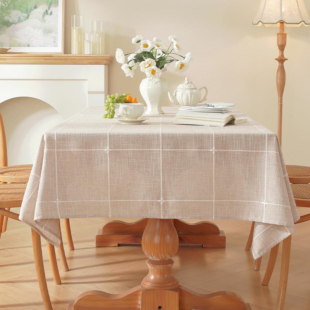 Zobesta Linen Table Cloth Rectangle Tables 60 x 120 Inch, Plaid Browm Linen Tablecloth Rectangle Tables Soft Boho Table Cover for Kitchen, Party, Picnic, Outdoor