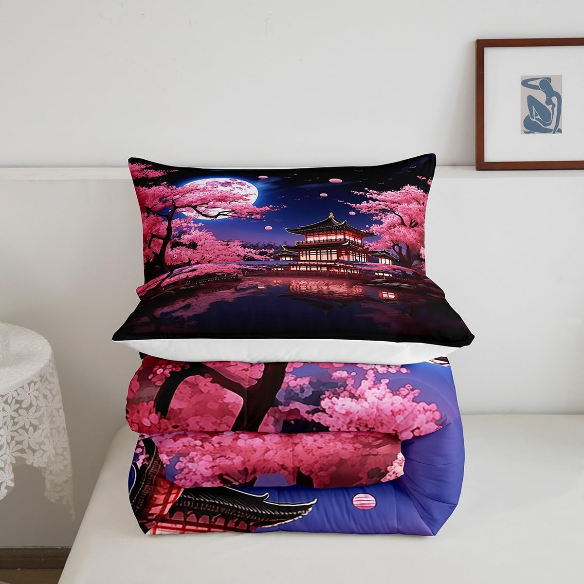 Pink Cherry Blossoms Comforter Set Queen Size,Japanese Style Building View Bedding Set for Kids Girls Women Men Bedroom Decor,Night Moon Quilt Set Romantic Exotic Duvet Insert,2 Pillowcases