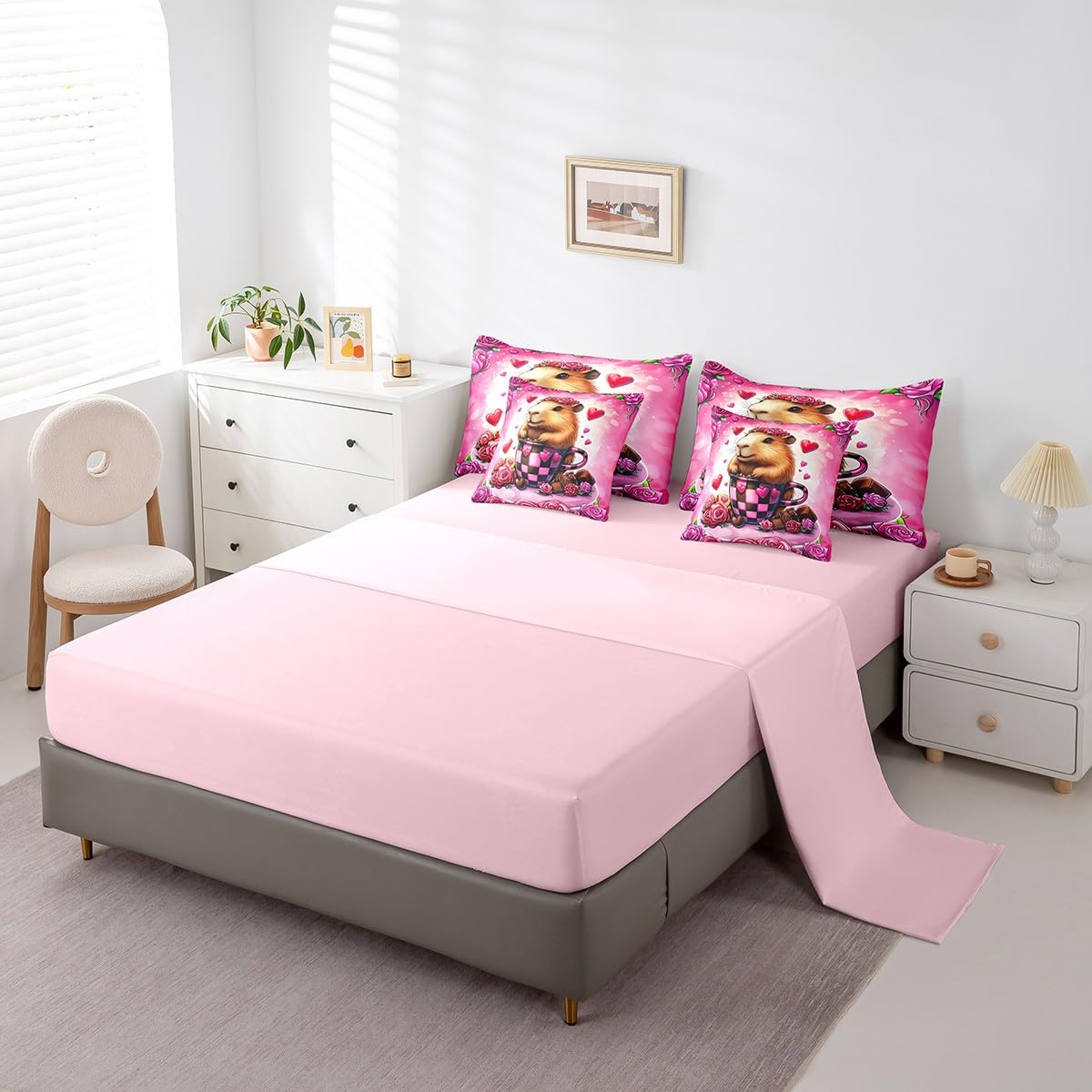 Feelyou Kids Valentine's Day Comforter Set with Sheets Queen Size, Rose Bed in A Bag Love Heart 7 Pieces Bedding Set Boys Girls Romantic Teens Bed Set Bedroom Decor 7Pcs