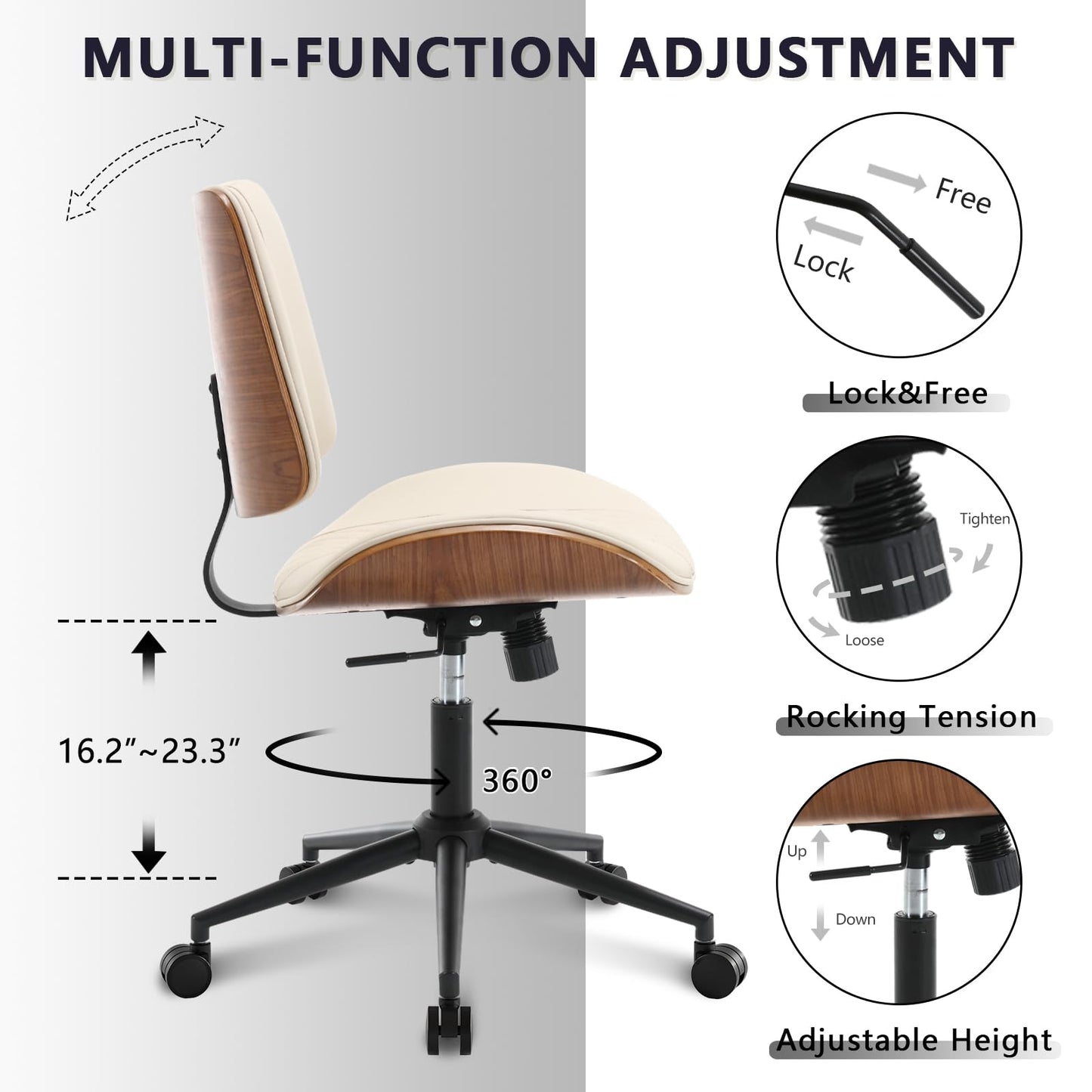 BERYTH Home Office Chair No Arms with Wheels, Adjustable Height Small Desk Chair, PU Leather Mid Back 360 Swivel Computer Chair, Armless Modern Walnut Chair for Office, Reading Meeting Room(Beige)