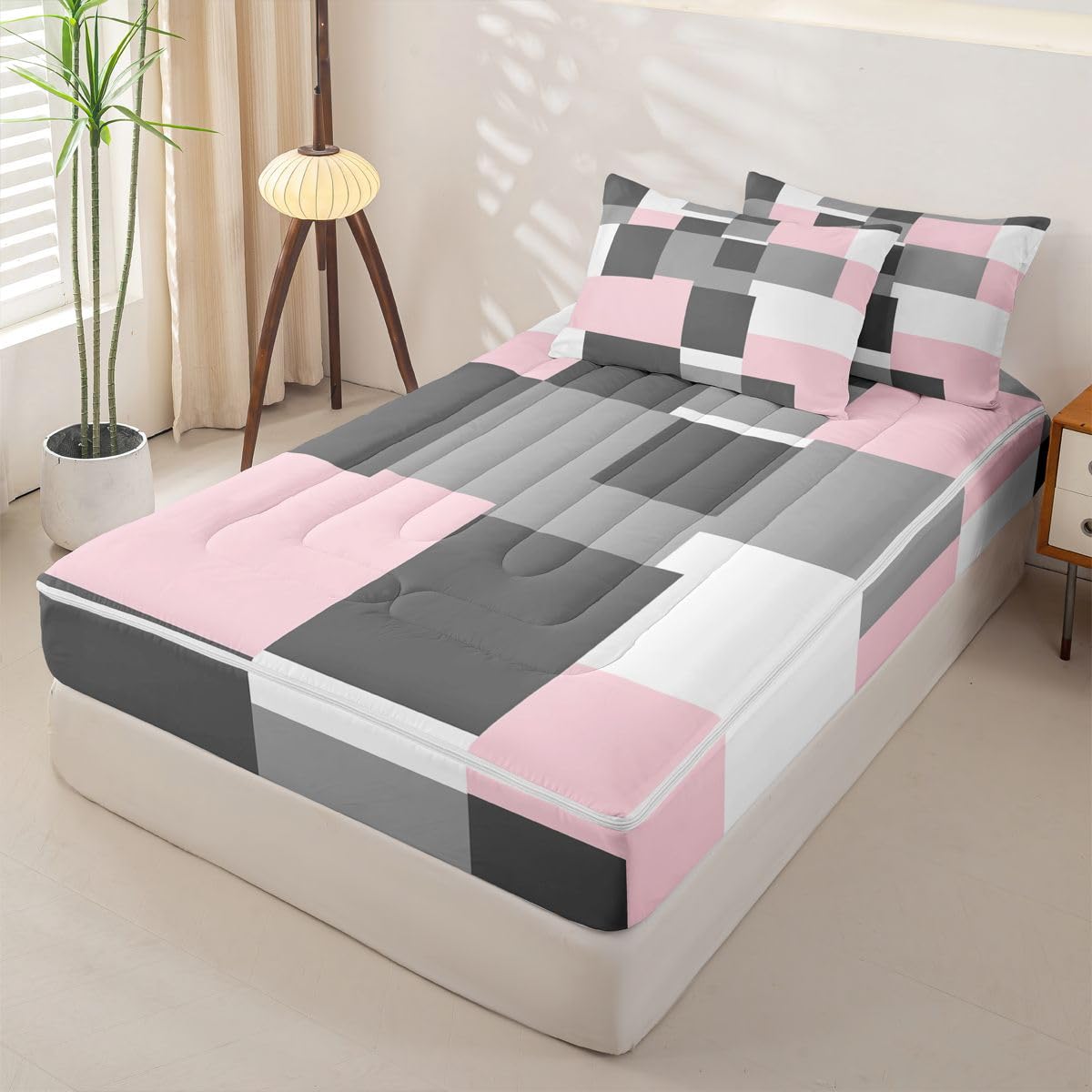 jejeloiu Abstract Zipper Bedding Twin Pink Bedding Sets for Kids Boys Girls Modern Art Comforter Set with Fitted Sheet 2 Pillowcases One Zipper Bed Set for All Seasons