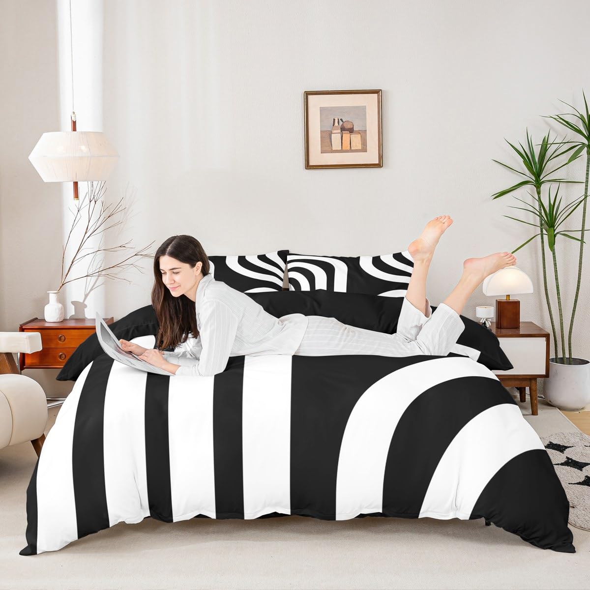 jejeloiu Black White Geometric Duvet Cover Kids Geometric Bedding Set King Size Abstract Art Comforter Cover for Women Men Room Decor Soft Microfiber Modern with 2 Pillow Case,No Comforter