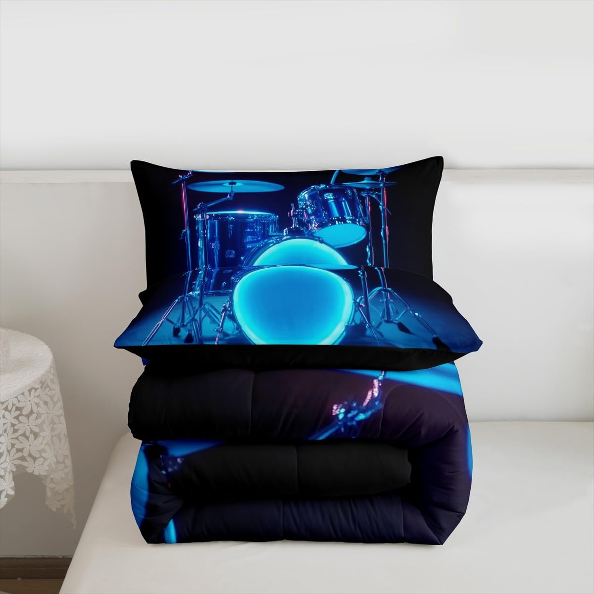 Erosebridal 3D Drum Kit Kids Comforter Sets Blue Light Drum Kit Queen Bedding Set for Boys Girls Rock Musical Instrument Comforter Set,Rock Music Theme Quilt Duvet 3 Pcs