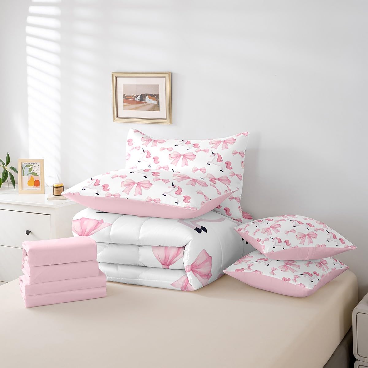 Erosebridal 7 Piece Girls Bowknot Kids Comforter Set King Bed in a Bag,Cute Pink Unicorn Bedding Set for Kids Child,Dreamy Princess Style Quilt Comforter,Girly Horse Bow Tie Valentine Duvet Insert