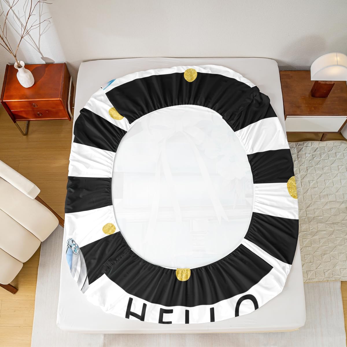 Erosebridal Black and Blue Bed Sheets King Size Fashion Black White Girly Sheet Set for Girl Women Modern Flower Floral Perfume Striped Bedding Set High Heels Magazine Books Sheets