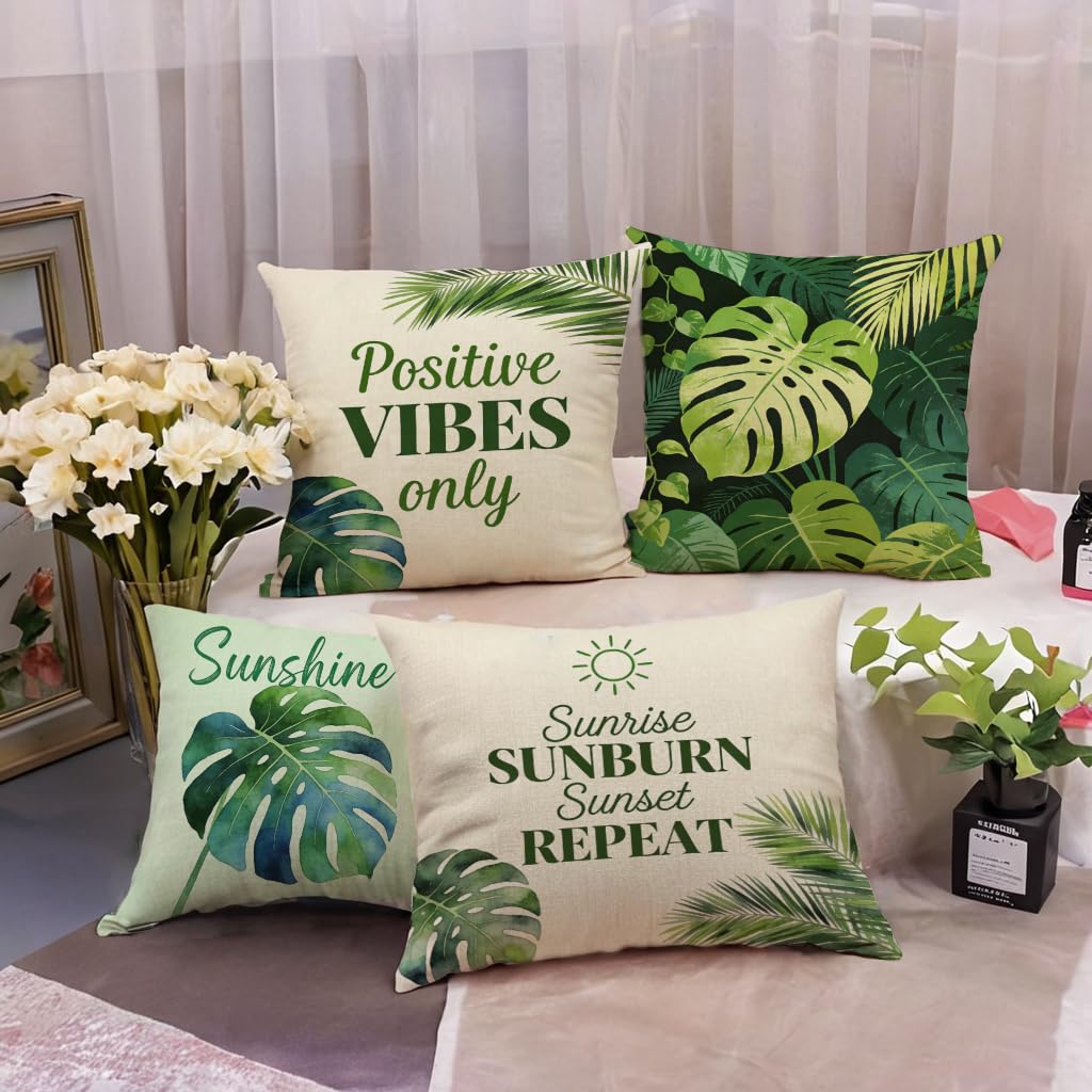 Set of 4 Summer Tropical Leaves Throw Pillow Covers 18x18 Inch, Green Plant Positive Vibes Sunshine Quote Cushion Cover Farmhouse Summer Sunshine Home Decor Pillowcases ,for Sofa Couch Patio (Green)