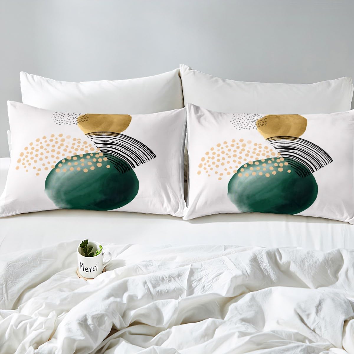 Erosebridal Abstract Artwork Bedding Sets Queen Geometric Circle Comforter Cover, Aesthetic Minimalist Bed Set Blackish Green Turqoise Duvet Cover, Beige White Quilt Cover Cozy Soft 3pcs