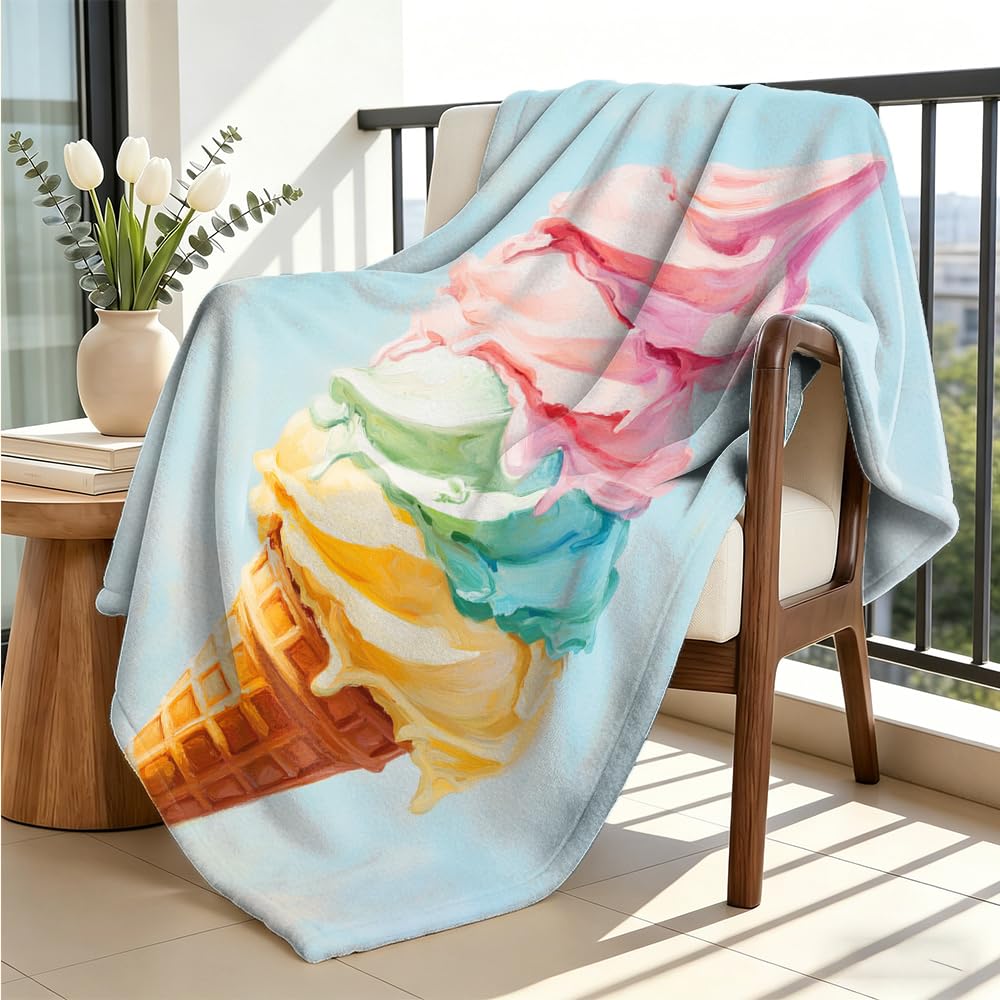 GXYAOYZG Rainbow Ice Cream Throw Blanket Swirl Cone Flannel Soft Cozy Colorful Summer Dessert Art for Couch Bed Sofa Gift Kids Girls Women Sweet Tooth (49" x 59")