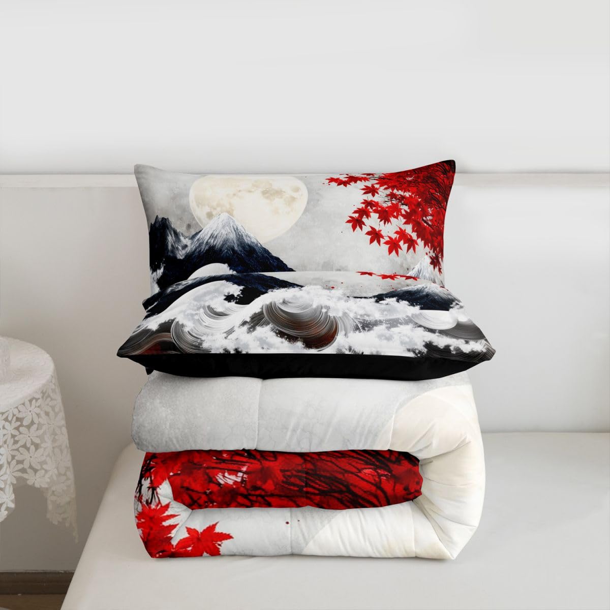 jejeloiu Japanese Wave Bedding Set Soft for Boys Girls, Japanese Style Comforter Set Queen Size Cherry Blossom Duvet Quilt Microfiber Mountain Bedroom Decor 3 Pcs with 2 Pillow Cases
