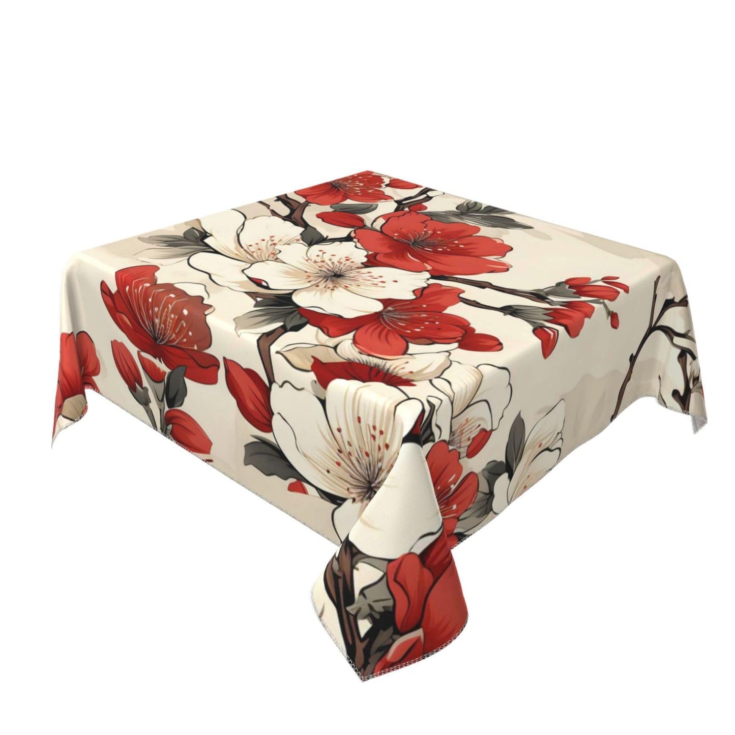 DXTKWL Table Cloth Japanese White Red Cherry Blossom Square Tablecloth 55x55 in Washable Stain Resistant Table Cover for Dining Parties Indoor Outdoor