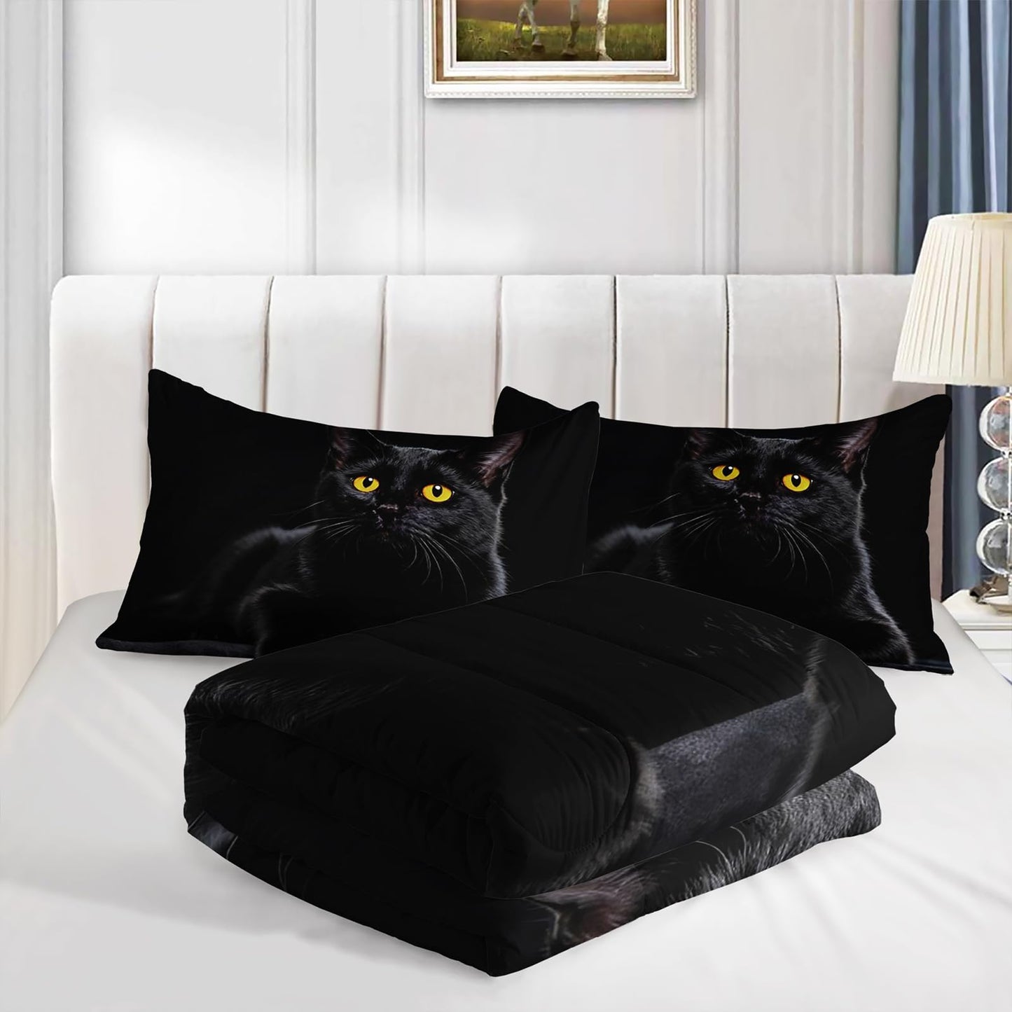 AILONEN 3D Cat Comforter Set Twin Size, Hidden Cat Bedding Set for Children, Black Theme Bed in a Bag, Soft Microfiber, 1 Quilt and 2 Pillowcases for All Season