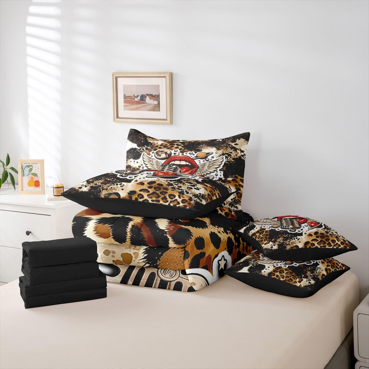 Erosebridal Leopard Print Twin Size Bedding Set Retro Rock & Roll 7 Pieces Comforter Set with Sheets for Women Girl Alluring Lips Bed in a Bag Y2K Trendy Wings & Planets Bed Sets