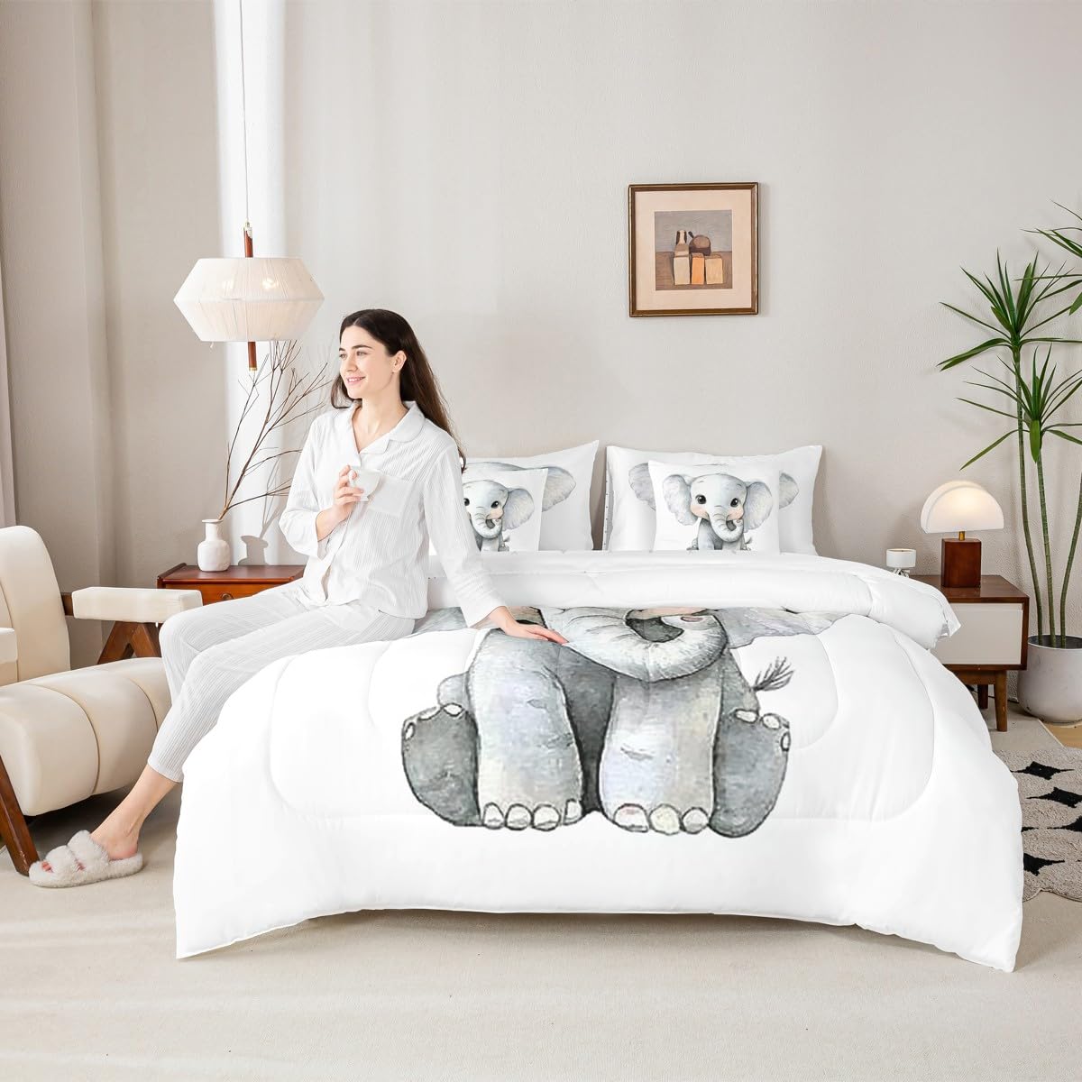 Erosebridal Kawaii Elephant Twin Size Comforter Set with Sheets Kids | African Jungle Animal 7-Piece Bedding Set Tropical Forest Wildlife Pattern Bed in a Bag Cartoon Wild Safari Animal Bed Quilt Sets