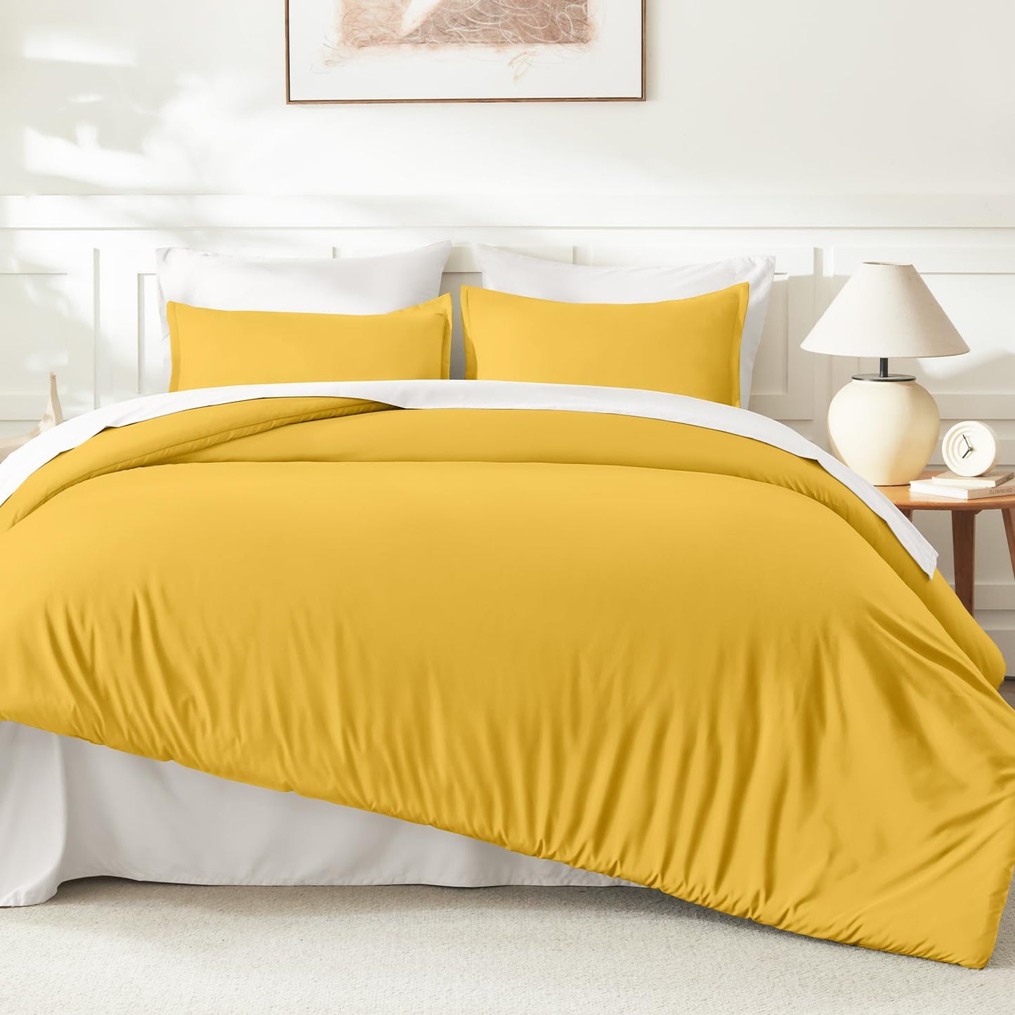 Litanika Mustard Yellow Comforter Set King Size, 3 Pieces Lightweight Solid Bedding Comforter Set, All Season Fluffy Bed Set (104x90In Comforter & 2 Pillowcases)