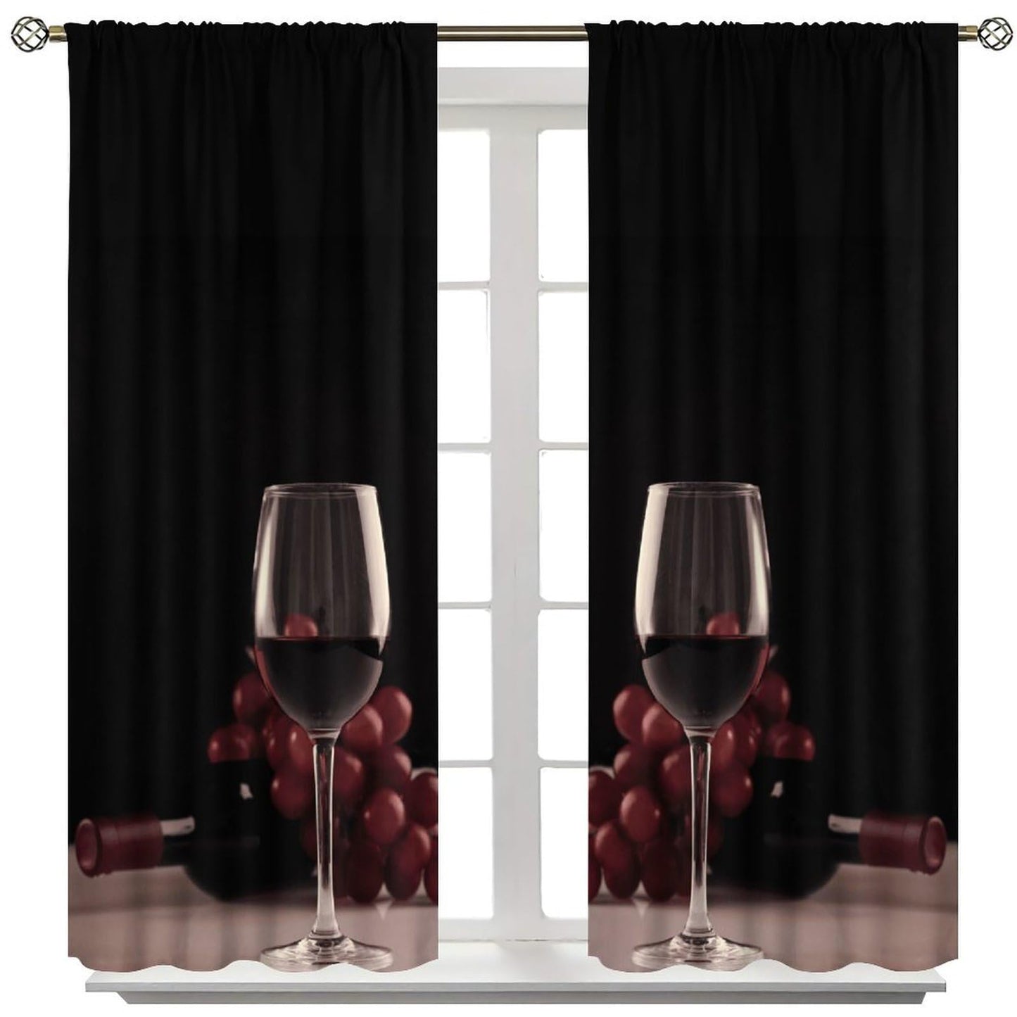 Wine Glass Curtains, Red Wine Glass Bottle Grapes Print, Light Filtering Window Drapes for Kitchen Dining Room Living Room, 20.5" W x 44.5" L, 2 Panels （No Blackout）