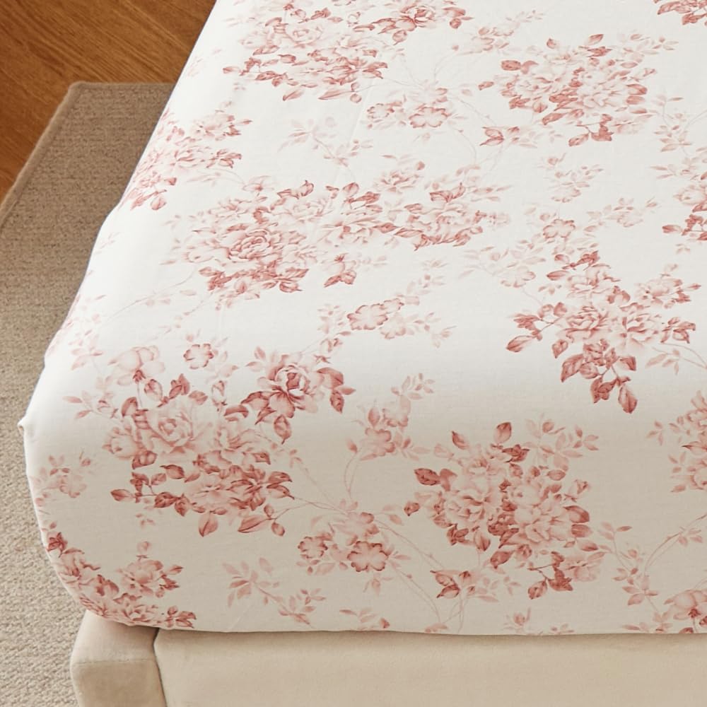 DAUAOTO 100% Cotton Bedding Printed Sheets Set for Full Size Bed Up to 14" Deep Mattress, Toile Rose Floral Pattern Bedlinen Sets, Pale Red