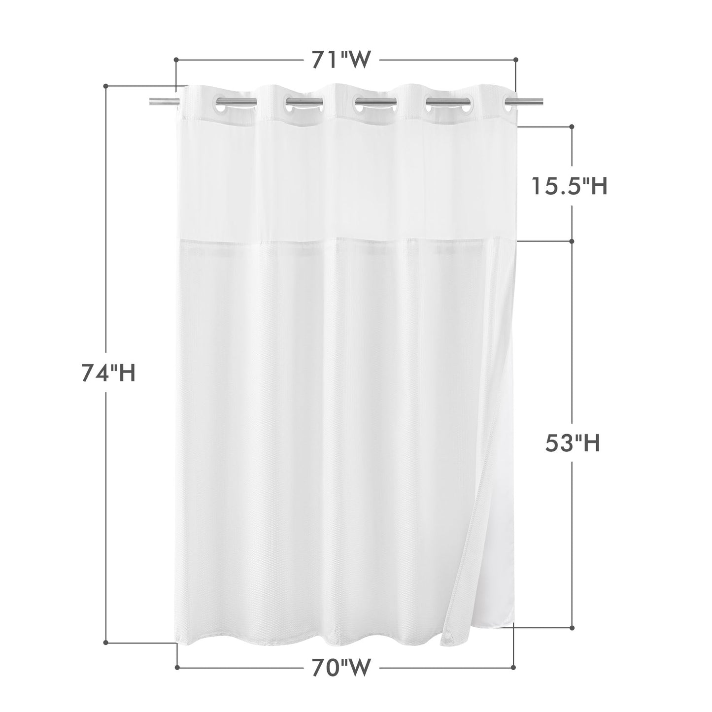 Mrs Awesome No Hook Shower Curtain with Snap-in Liner Less Time On/Off, Embossed Waffle-Look Textured Fabric Shower Curtain for Bathroom Hotel Style, Washable, Soft & Lightweight, 71x74, White