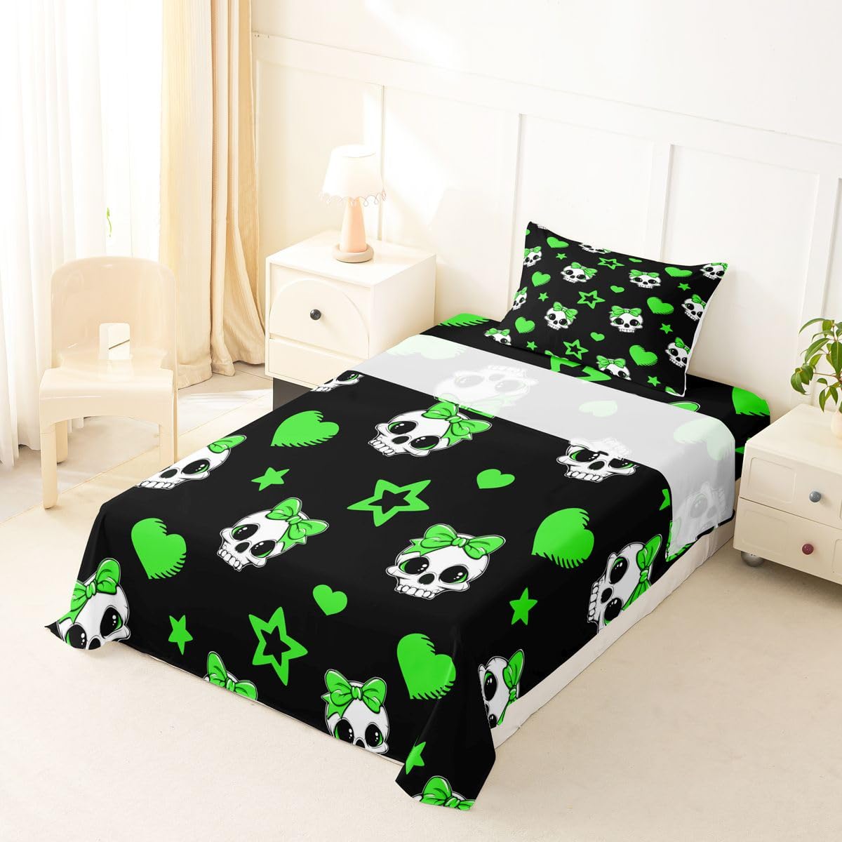 Castle Fairy Cute Skeleton Bed Sheets Twin Size,Exotic Skull Star Love Bowknot Print Easy Wash Bedding Set,Halloween Theme Kids Room Decor,Black Green Sheet(Fitted+Flat+1 Pillowcase)