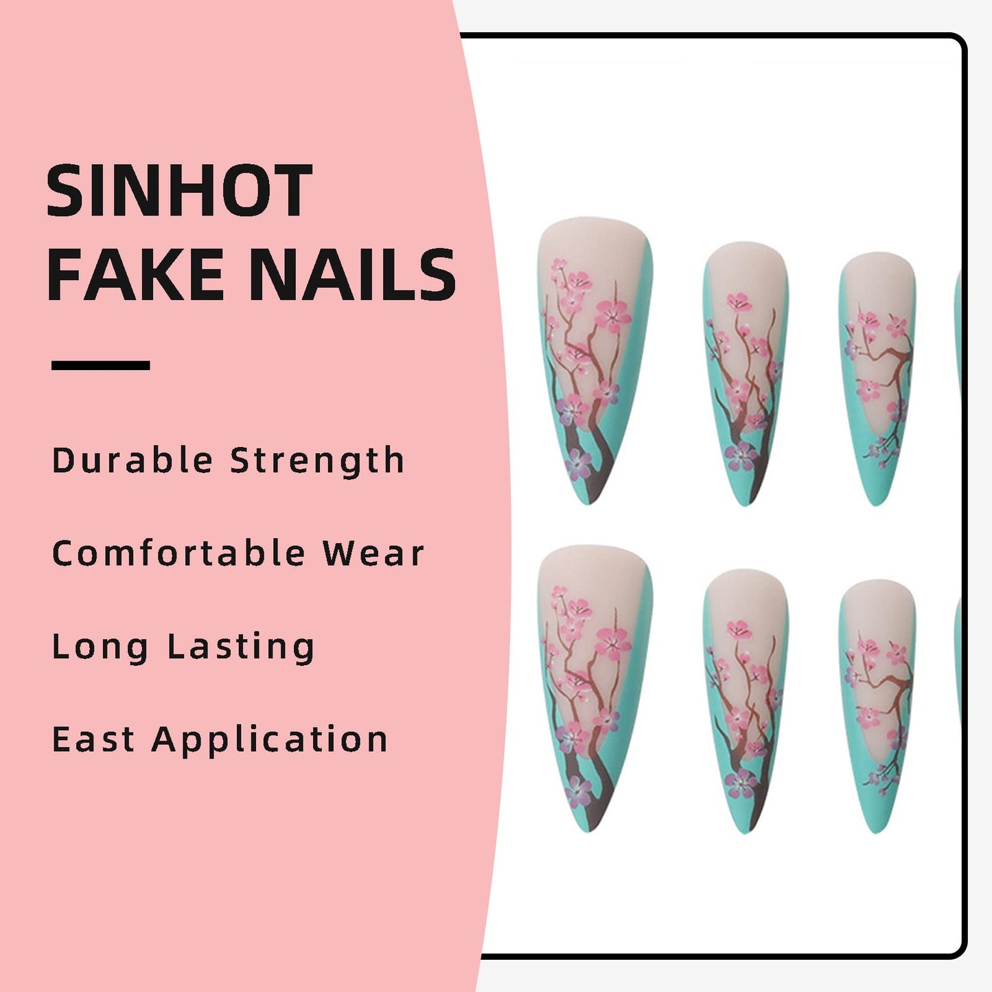 SINHOT Long Press On Nails Stiletto False Nails French Tip Fake Nails Ombre Glue on Nail Plum Blossom Acrylic Nail with Designs for Women and Girls
