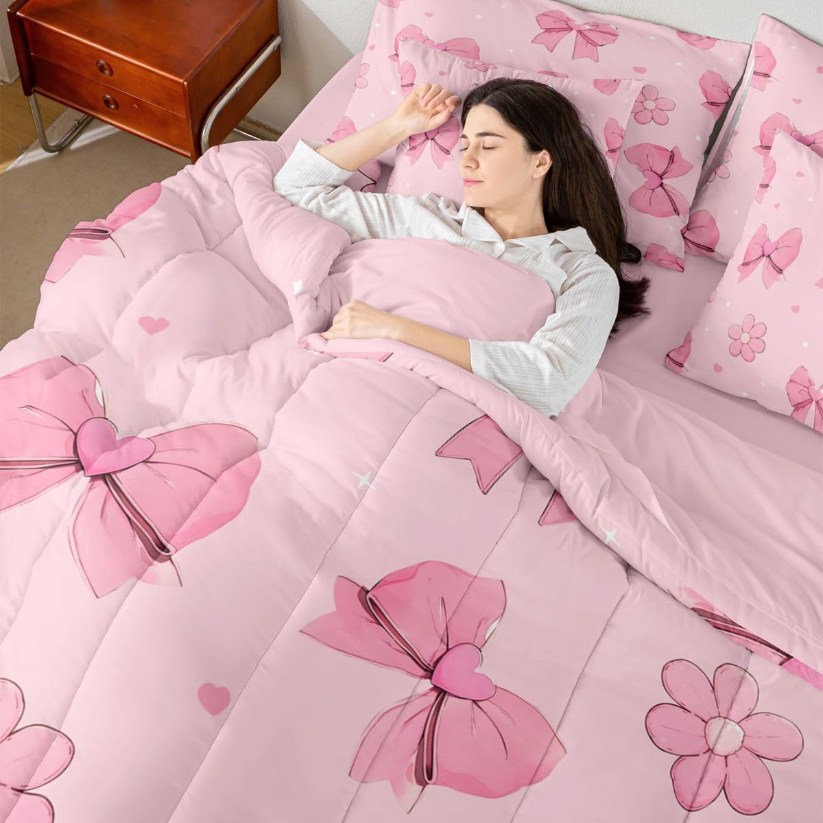 Erosebridal Pink Bows 7 Piece Comforter Set King Size Girly Bowknot Bedding Set for Kids Girls Bedroom Pink Bows Comforter with Sheets Microfiber Bow Ribbon Heart Pattern Quilt Set Flower Bed Set