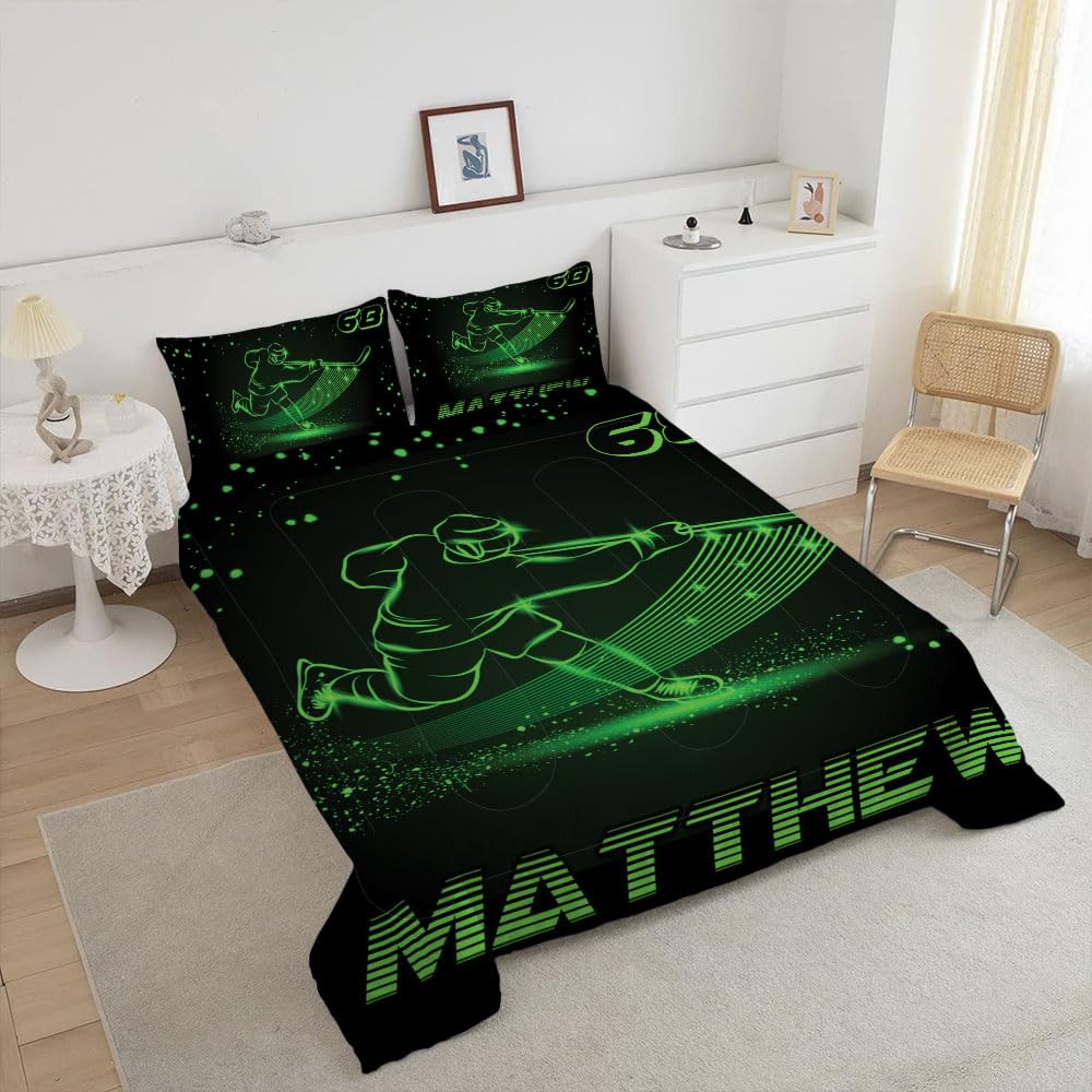 WAZARO Custom Amazing Ice Hockey Comforter Set, Personalized Hockey Bedding Twin Full Queen King, Hockey Decorations for Boys Room Bedspreads Sport Home Decor (Green Hockey Art)