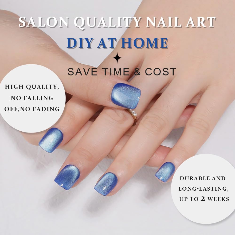 evpct Blue Cat Eye Extra Short Press on Nails Square No Glue, Petite Short Square Stick on Nails for Women, Light Sky Blue Metallic Glitter Glossy Reusable Press on Acrylic Fake Nail with Designs