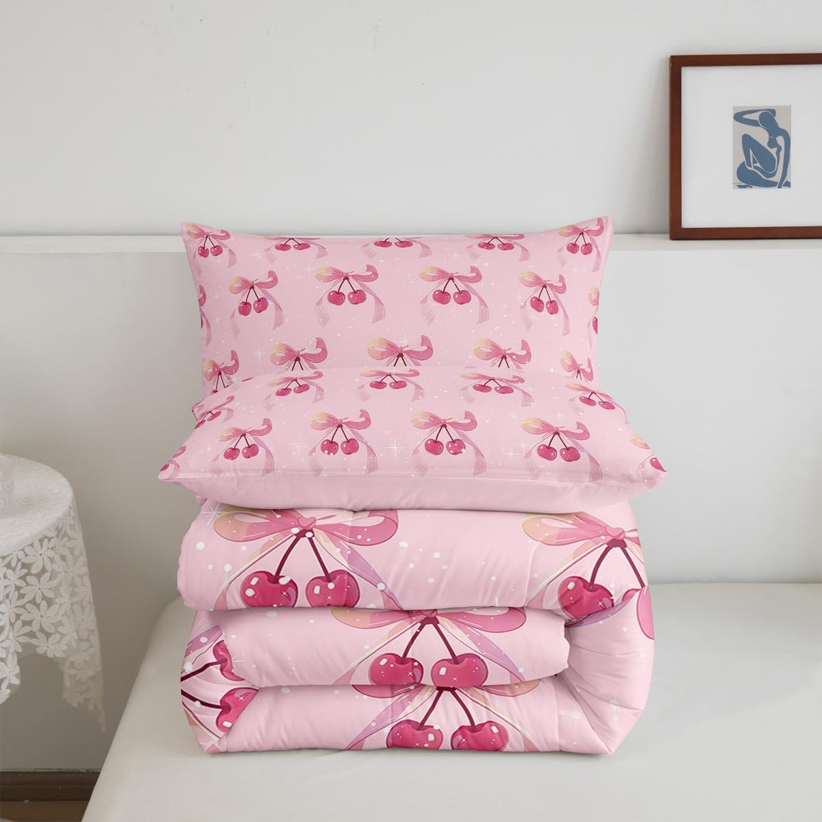 Feelyou Pink Bow Bedding Set Kids Boys Girls Queen Size Cherry Pattern Comforter Set Ultra Soft Cute Coquette Bow Knot Comforter Bow Decor Duvet Quilt Bedroom Decor Bow Knot Quilt