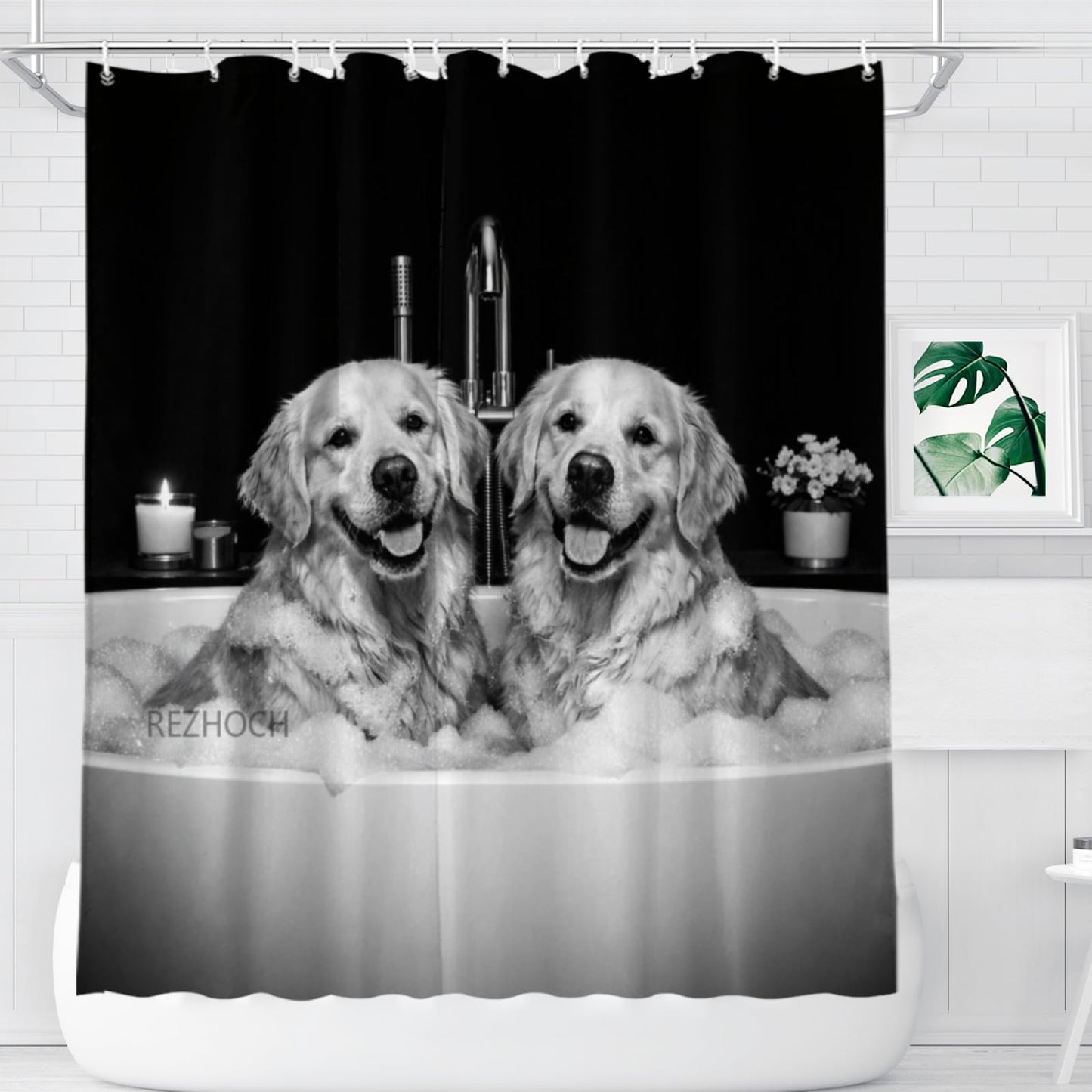 REZHOCH Funny Golden Retriever Dog Shower Curtain 72x72 Inch Black and White Luxury Home Bathroom Decor,Cute Animals in Bathtub Modern Minimalist Pure Black Background Farmhouse Bath Set