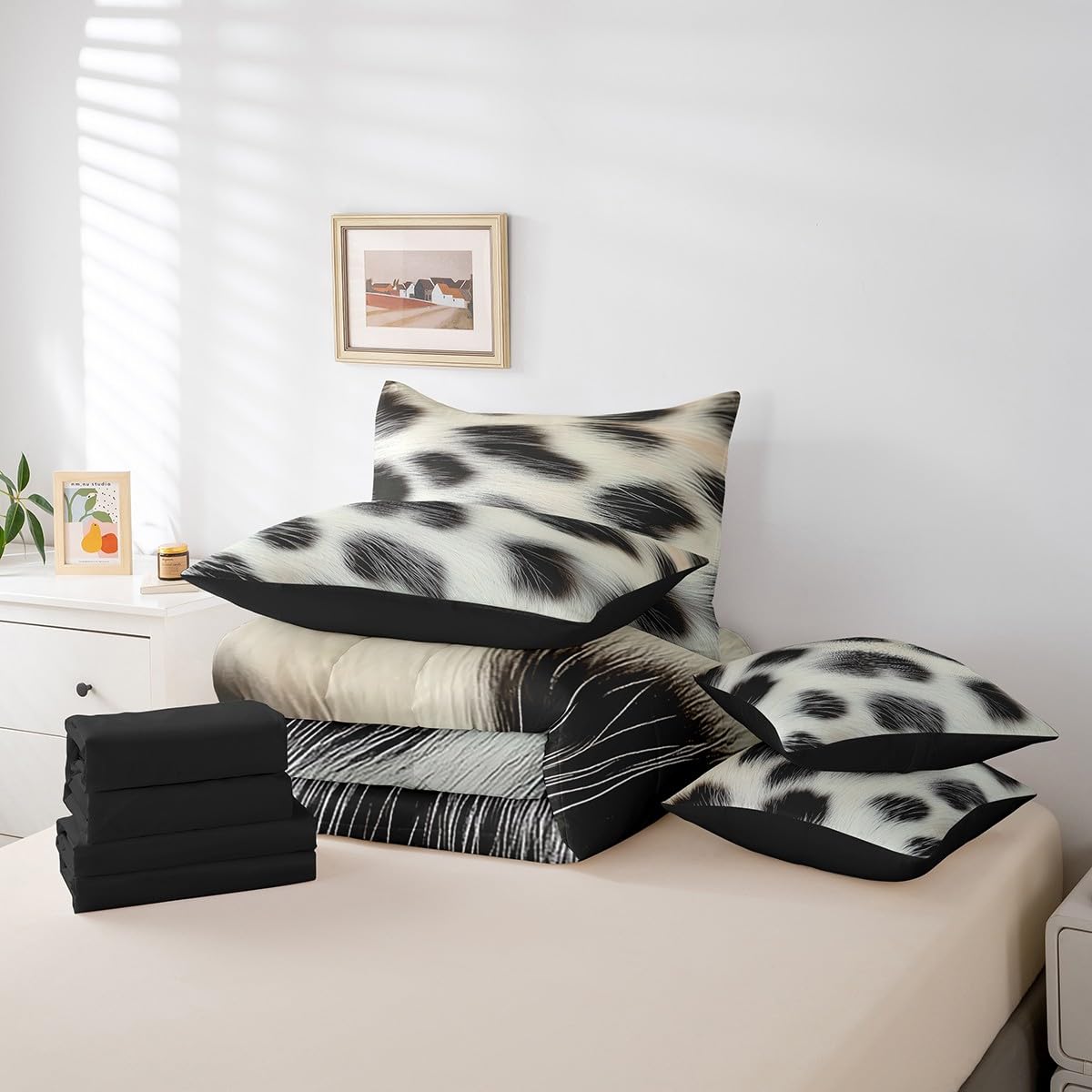 Erosebridal Cowhide Comforter Set Twin Size for Boys Cute Cow Print Bedding Set 7 Piece Western Cowboy Bed in A Bag for Kids Teens Youth Women Room Farmhouse Animal Hair Sheets, Breathable