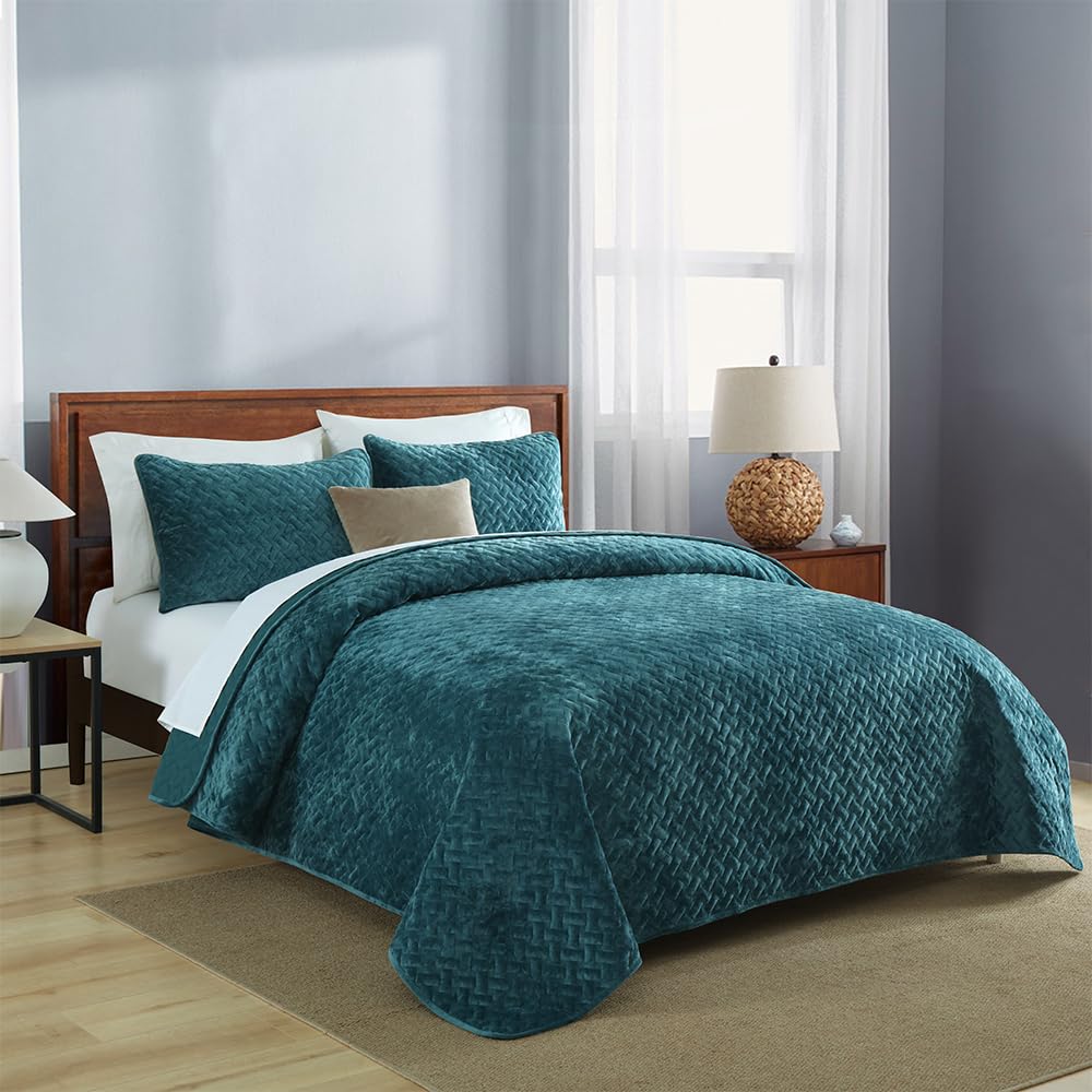 Liians Velvet Bedspread Quilt Bedding Sets,Luxury Elegant Ultra Soft Velvet Comforters Coverlet Blankets,Weave Stitching Pattern Cotton Quilted Bedspread for All Seasons,Teal,King Size