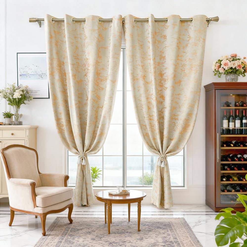 Amidoudou 1 Pair Nordic Style Luxury Velvet Curtains for Living Room Beige and Gold Bedroom Curtains (Beige,54x96 Inch)