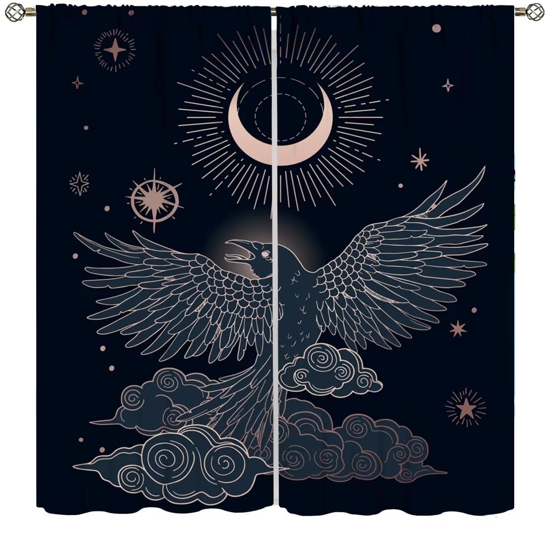 DDCBNS Boho Crow Curtains,Bohemian Style Black Birds Raven Moon Star Print Window Treatments for Bedroom Living Room Kitchen Window Drapes 2 Panel Set,Total Size 42 x 45 Inch