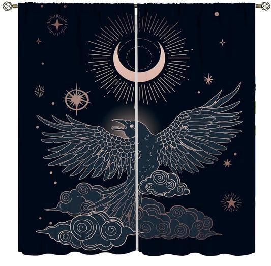 DDCBNS Boho Crow Curtains,Bohemian Style Black Birds Raven Moon Star Print Window Treatments for Bedroom Living Room Kitchen Window Drapes 2 Panel Set,Total Size 42 x 45 Inch