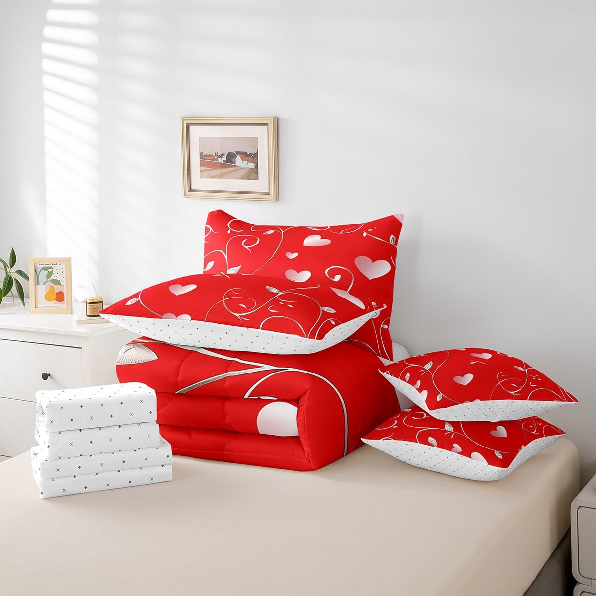 Erosebridal Valentine Day Queen 7 Piece Comforter Set with Sheets - Coquette Romantic Love Bedding Sets with Fitted + Flat Sheet, Pillowcases for Kids Girls Women Couples Valentines Bedroom Decor