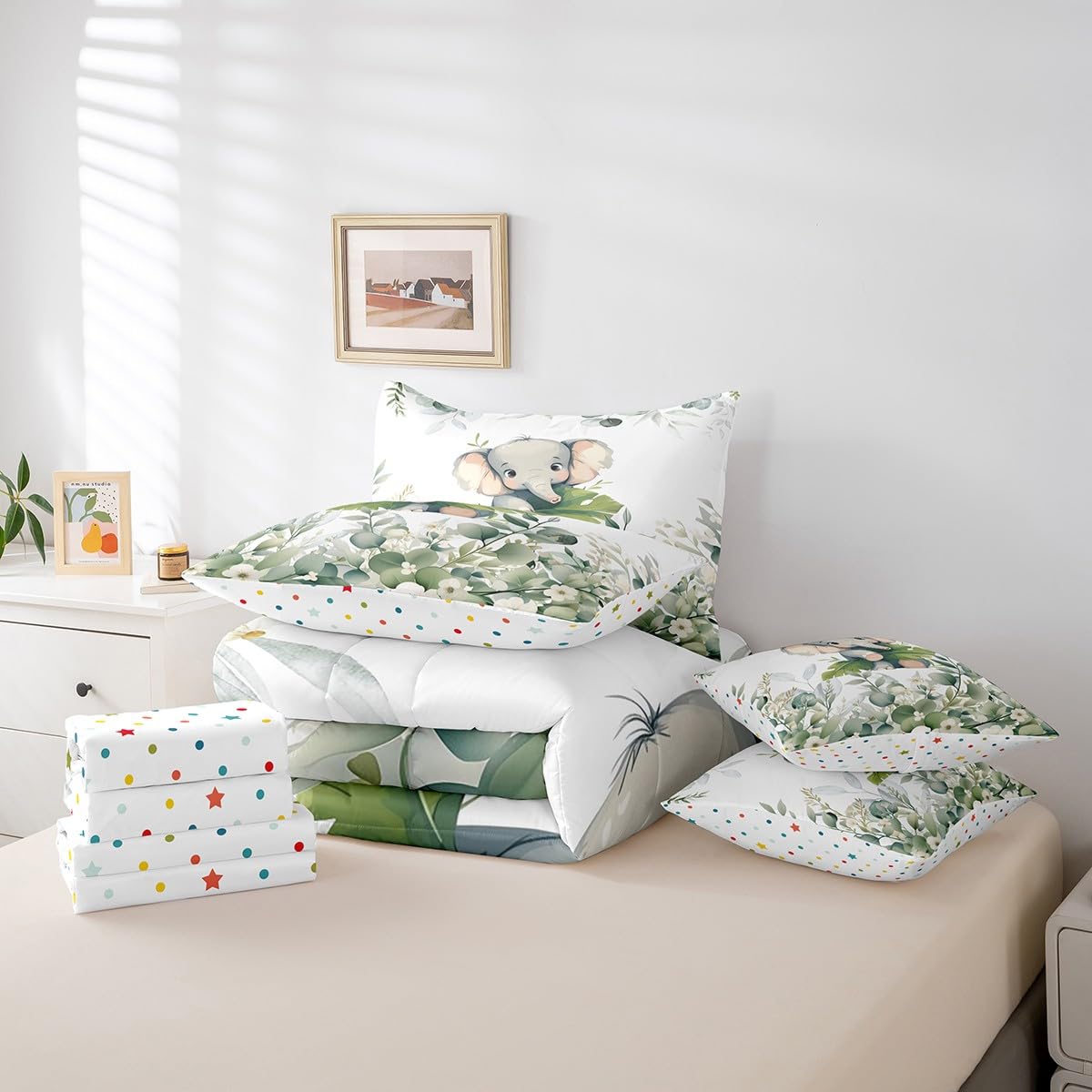 Erosebridal Cute Elephant Twin Comforter Set 7 Pieces for Kids Green Eucalyptus Bedding Comforter Sets, Woodland Animal Bed in a Bag Botanical Plant Leaves Bedding Set, Cartoon Wildlife Bed Sheets Set