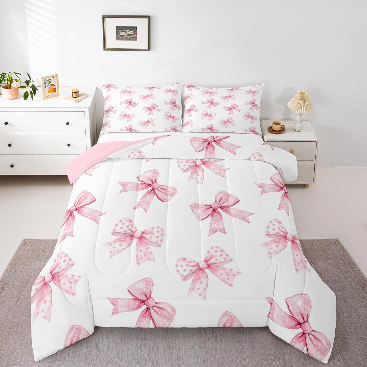 Erosebridal Pink Bow Kids Bedding | Coquette Bowknot Full Comforter Sets,Princess Girls Ribbon Bowtie Comforter Watercolor Cute Duvet Insert with 2 Pillow Cases