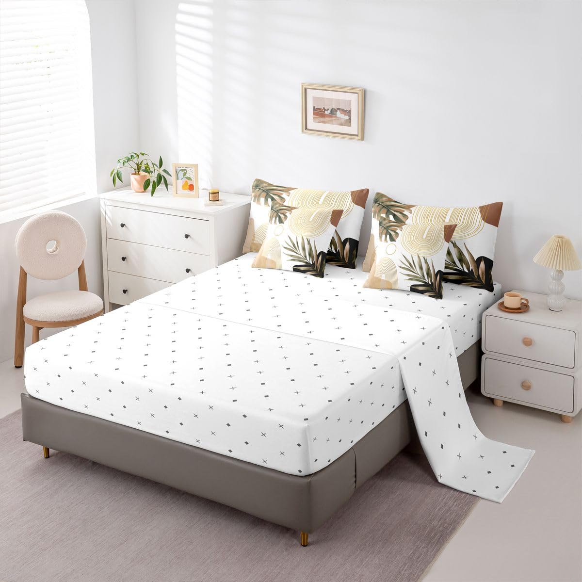 Erosebridal Boho Brown Full 7 Pcs Bedding Set, Abstract Bohemian Mid Century Aesthetic Comforter Set with Sheets, Modern Simple Minimalist Geometric Bed in A Bag, Plant Botanical Palm Leaf Bed Sets