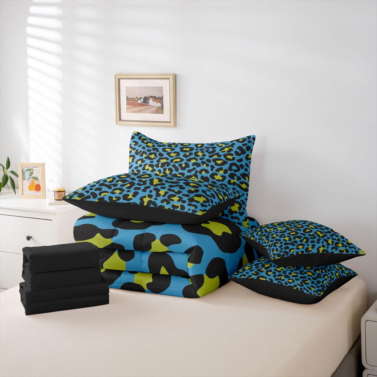 Erosebridal Leopard Print 7-Piece Boys Comforter Set King Size Western Cheetah Bedding Set Blue Leopard Decor Bed in A Bag African Safari Animal Sheets for Kids Teens Adult Men Bedroom Decor