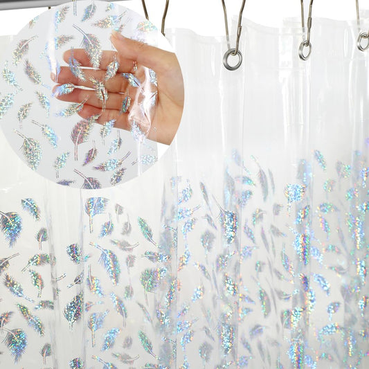 Holographic 3D EVA Shower Curtain Liner Glitter Feather, 72x72 Premium Clear Plastic Bathroom Shower Curtain with Rustproof Metal Grommets for Shower Stall, Bathtubs