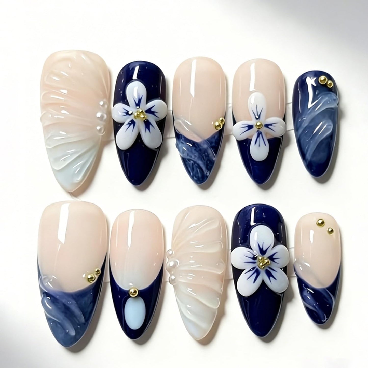 3D Blue & Nude Press On Nails - Medium Almond Fake Nails with Flower & Pearl Design, Glossy French Tip Glue On Nails for Women, Reusable Full Cover False Nails with Glue Tabs - 30Pcs Manicure
