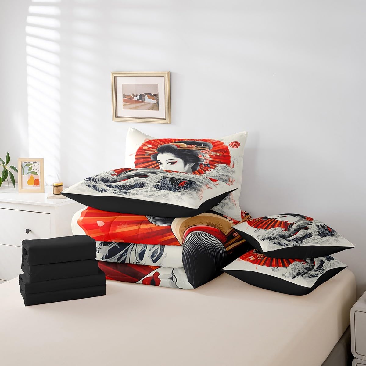 Erosebridal Japanese Geisha Comforter Set Twin,Samurai Ukiyoe Bedding Set 7Pcs,Japan Marine Coastal Nautical Quilt,Aesthetic Kimono Bed in a Bag
